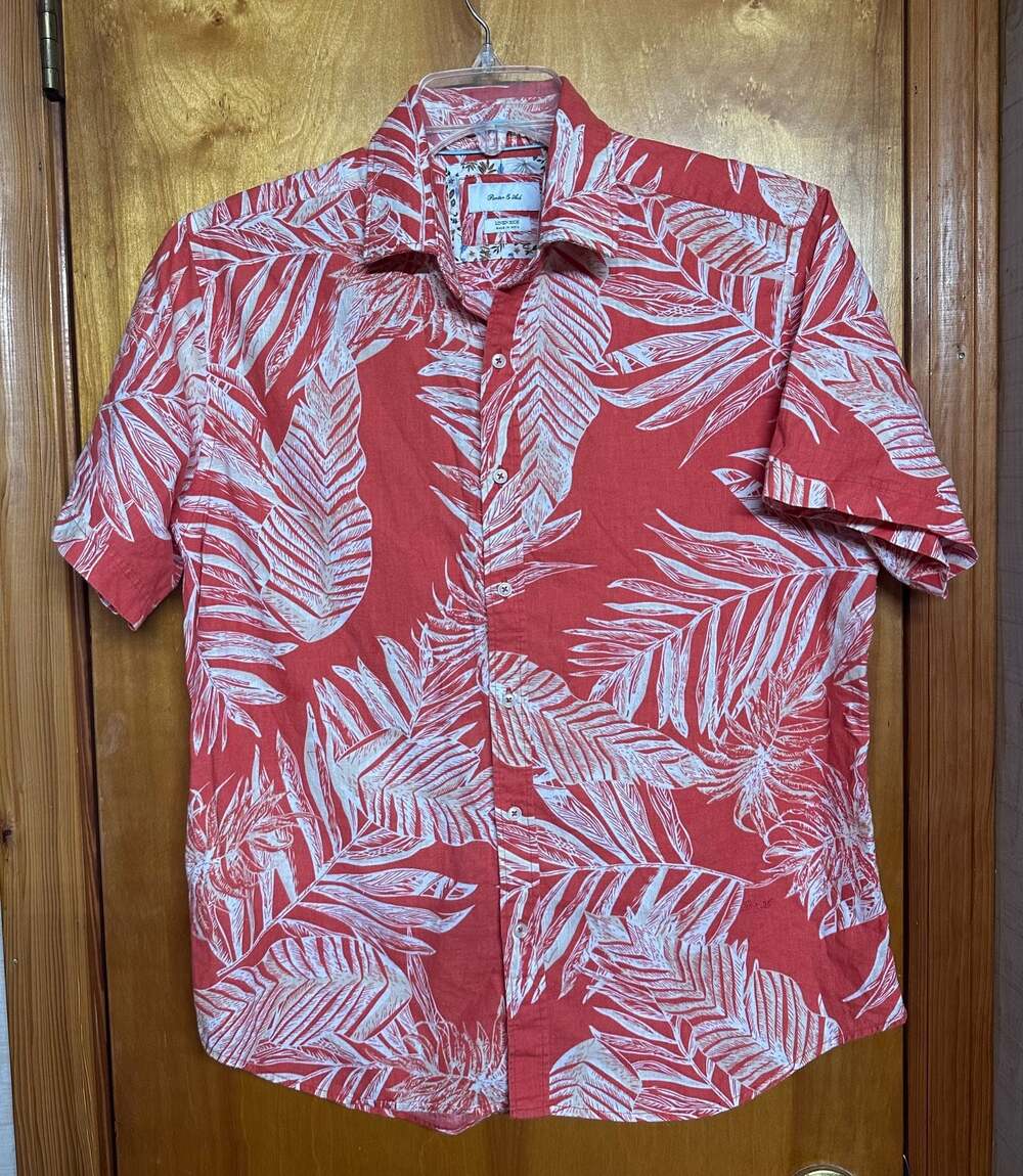 Porter & Ash Men's Short Sleeve Linen Rich Tropical Leaf Print Button-Up Shirt